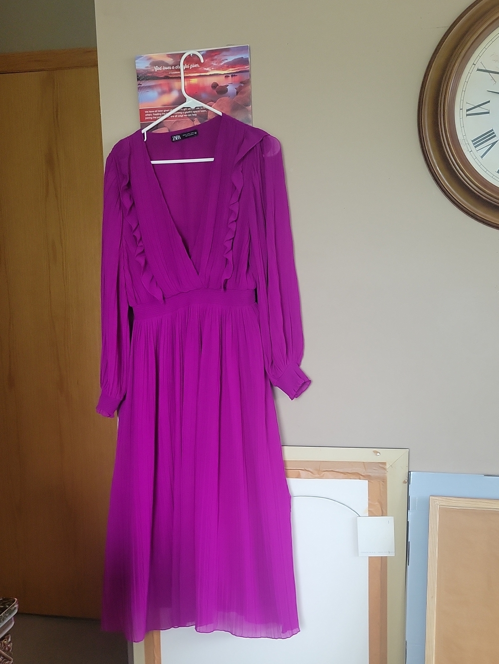 Zara Magenta Pleated V-Neck Long Sleeve Midi Dress